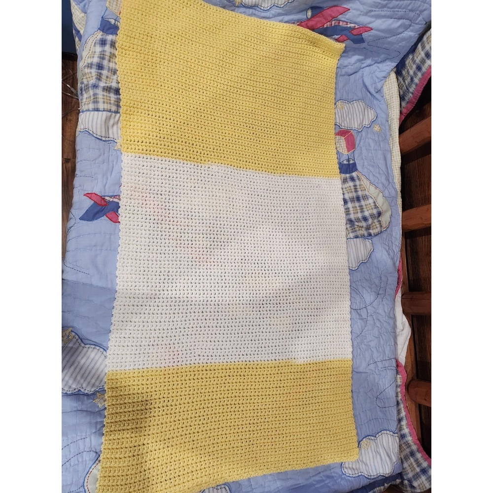 Handmade~Yellow & White~Crochet Throw~ 53"X 26"~20"yellow-21"white-12"yellow
